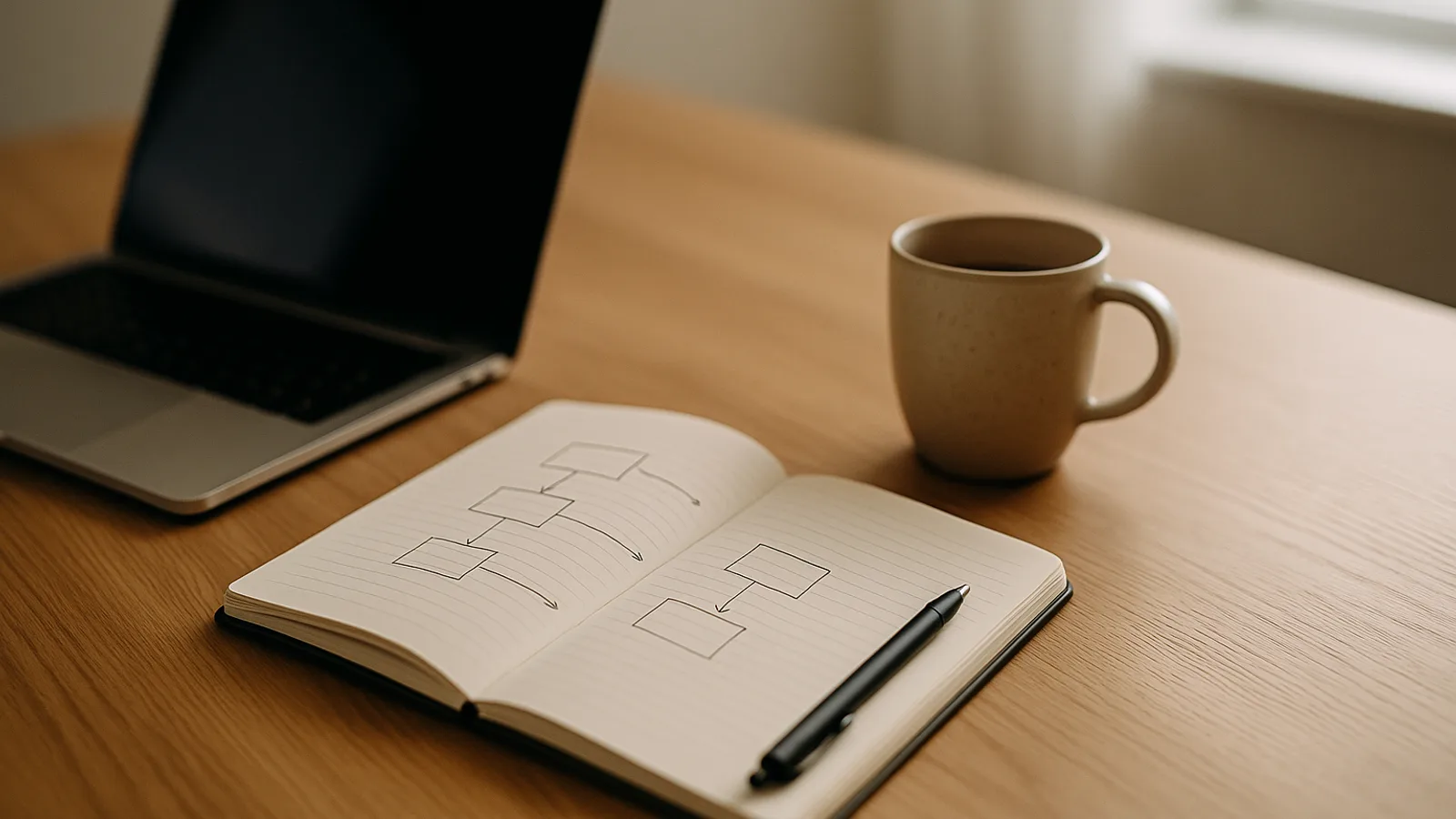 Laptop and notebook with hand-drawn flow arrows on a desk beside a coffee, representing a planned automation