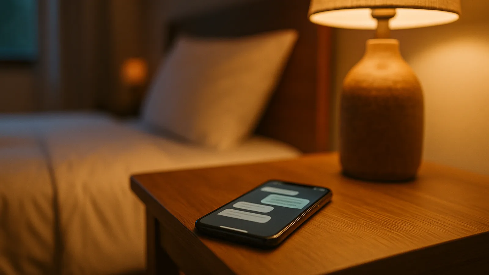 A smartphone on a nightstand showing an abstract chat conversation in a vacation rental bedroom